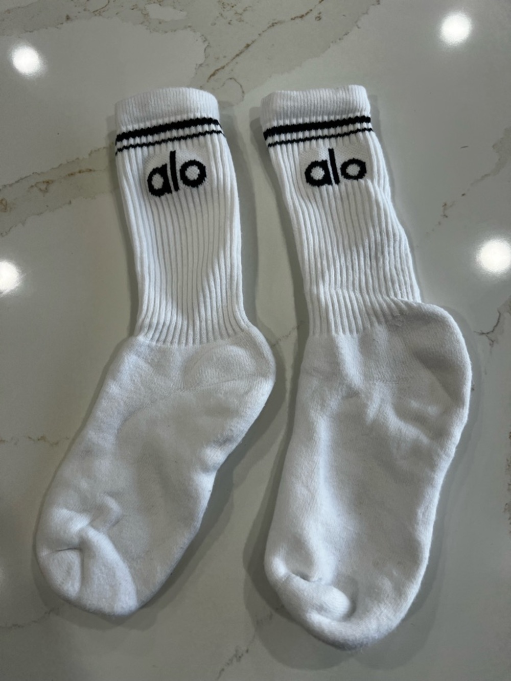 ALO Yoga White Crew Socks with Black Logo and Stripes